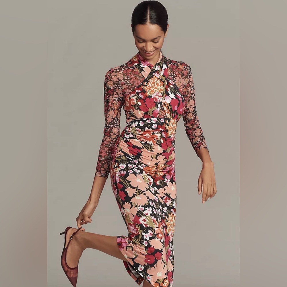 By Anthropologie Long-Sleeve Halter Mesh Midi Dress  size XL NWT